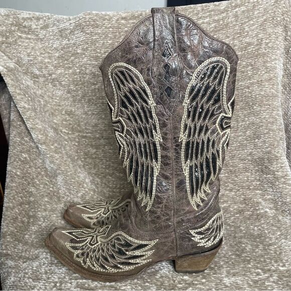 Corral Women's Boot Brown Black Size 9.5 Black Sequin Wing & Cross A1197 Leather - Picture 5 of 13